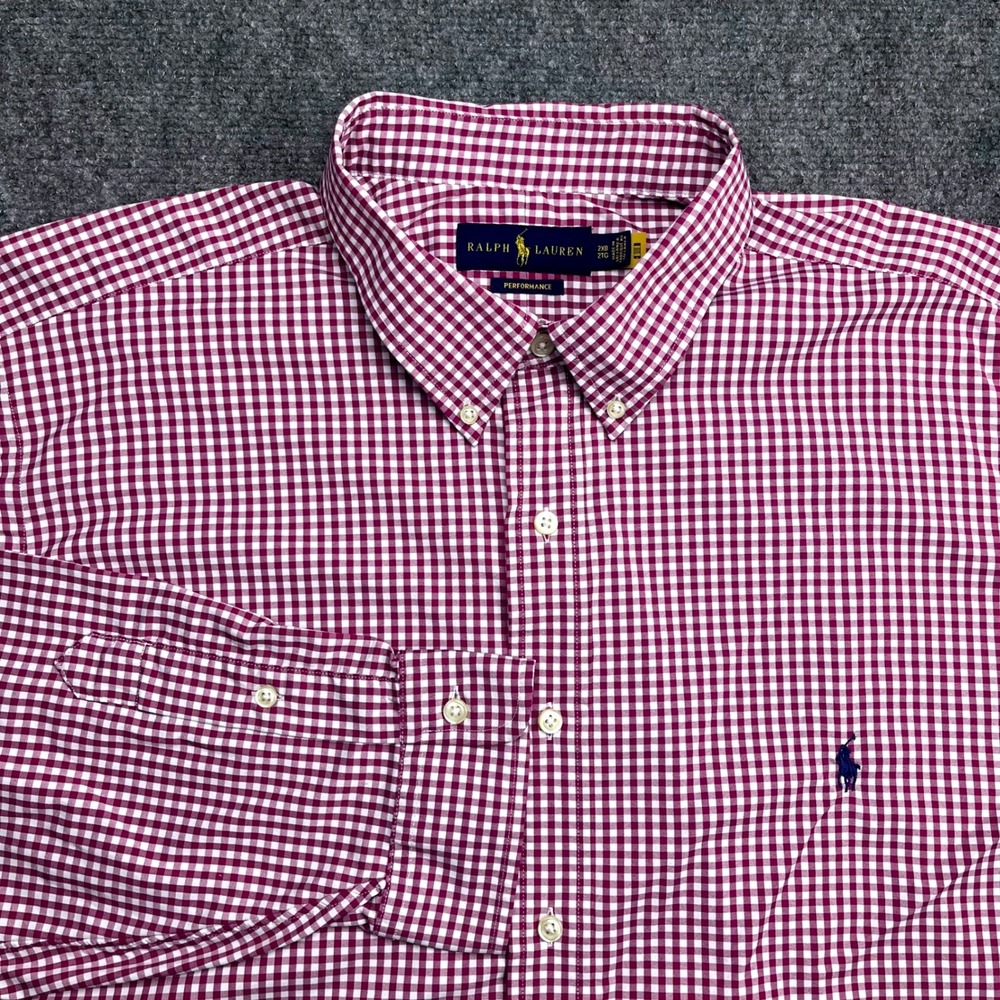 Polo RalphLauren Performance Shirt Men 2XB Gingham Burgundy Oxford Stretch Nylon